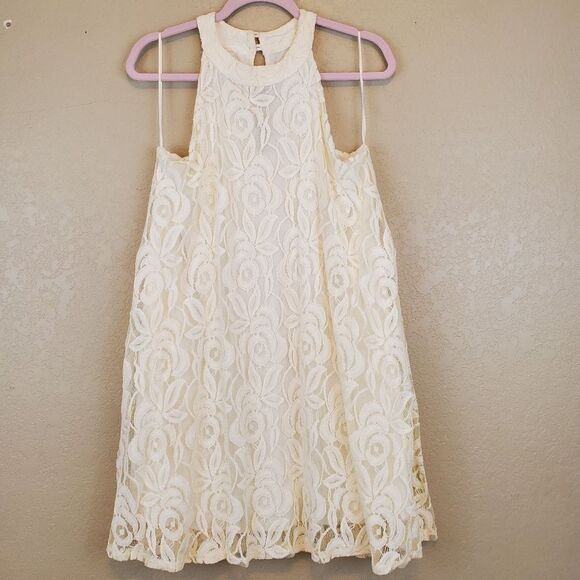 Altar'd State Cream Floral Lace High Neck Halter Tunic Swing Lined Mini Dress - Picture 1 of 5